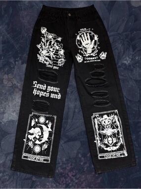 Black Wide-Leg Jeans with White Tarot Graphics